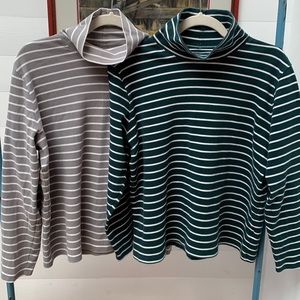 Lands’ End 2 Striped Cotton Turtlenecks Mock Neck Tops